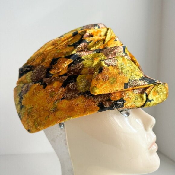 Vintage Custom Made Floral Orange Brown Gold Lurex Pill Box Hat M - Picture 6 of 11
